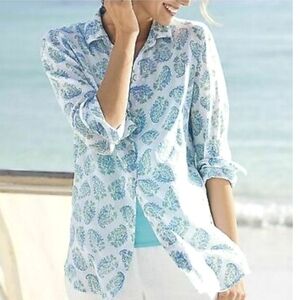J. Jill Love Linen Caribbean Blue & Green Paisley Long Sleeve Button Front Shirt